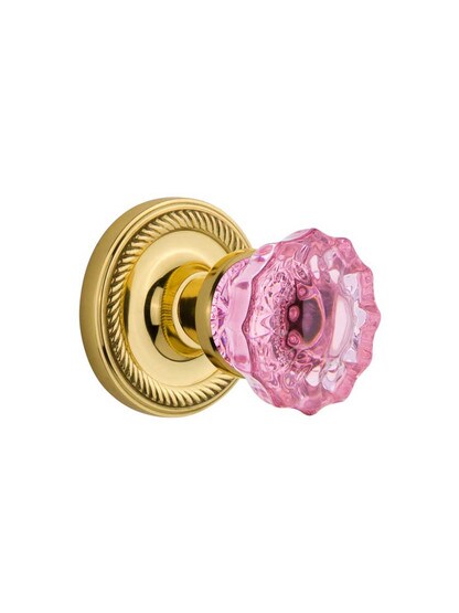 Rope Rosette Door Set with Colored Fluted Crystal Glass Knobs Pink in Polished Brass.